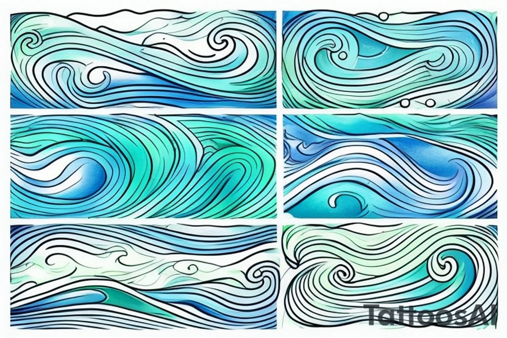 stream. three small words printed in the waves: seen, loved, held. Colors: pastel blues and green. Gentle blending tattoo idea