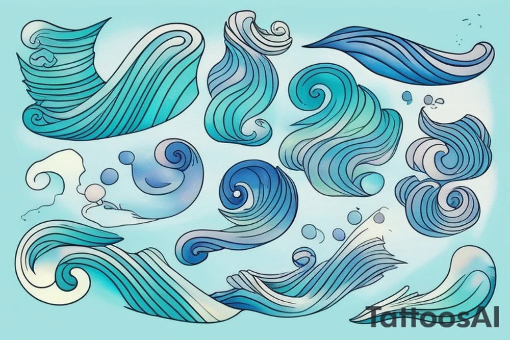 stream. three small words printed in the waves: seen, loved, held. Colors: pastel blues and green. Gentle blending tattoo idea