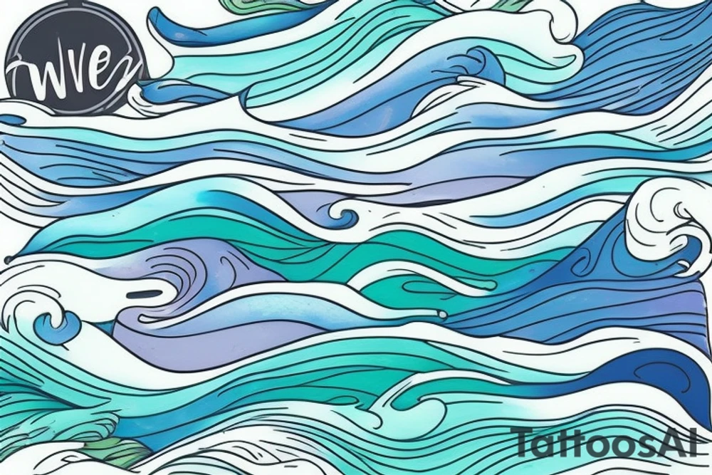 stream. three small words printed in the waves: seen, loved, held. Colors: pastel blues and green. Gentle blending tattoo idea