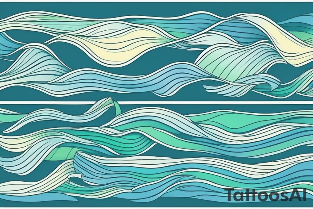 stream. three small words printed in the waves: seen, loved, held. Colors: pastel blues and green. Gentle blending tattoo idea