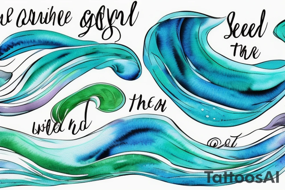 stream. three small words printed in the waves: Colors: pastel blues and green. Include three words in the tattoo: seen, loved, held. Small tattoo. tattoo idea