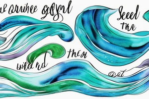 stream. three small words printed in the waves: Colors: pastel blues and green. Include three words in the tattoo: seen, loved, held. Small tattoo. tattoo idea