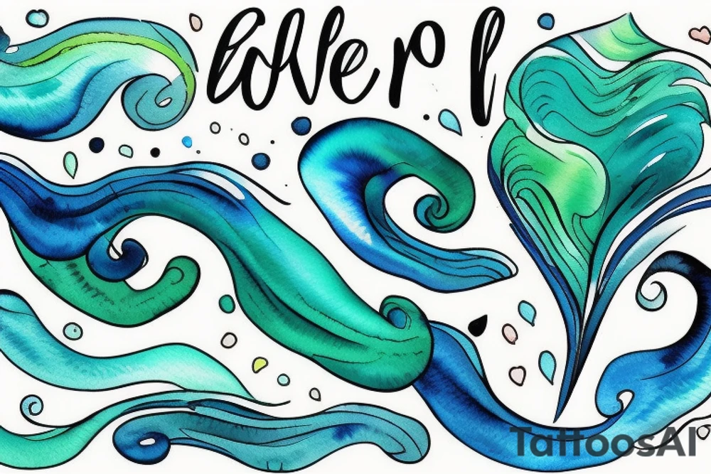 stream. three small words printed in the waves: Colors: pastel blues and green. Include three words in the tattoo: seen, loved, held. Small tattoo. tattoo idea