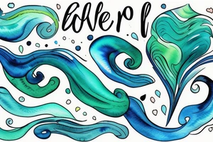 stream. three small words printed in the waves: Colors: pastel blues and green. Include three words in the tattoo: seen, loved, held. Small tattoo. tattoo idea