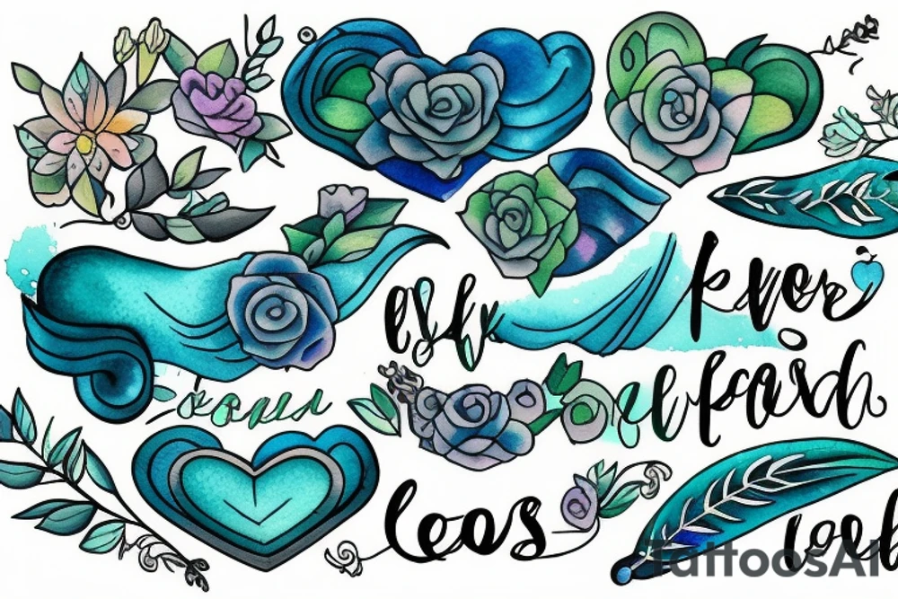 stream. Colors: pastel blues and green. Include three words in the tattoo: seen, loved, held. Small tattoo. tattoo idea