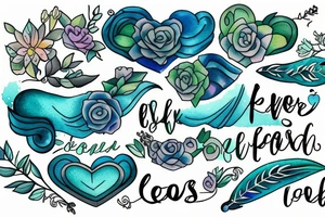 stream. Colors: pastel blues and green. Include three words in the tattoo: seen, loved, held. Small tattoo. tattoo idea