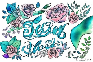 stream. Colors: pastel blues and green. Include three words in the tattoo: seen, loved, held. Small tattoo. tattoo idea