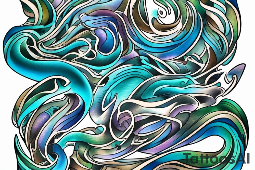 stream of flowing water. Colors: pastel blues and green. Include three words in the tattoo: seen, loved, held. Small tattoo. tattoo idea