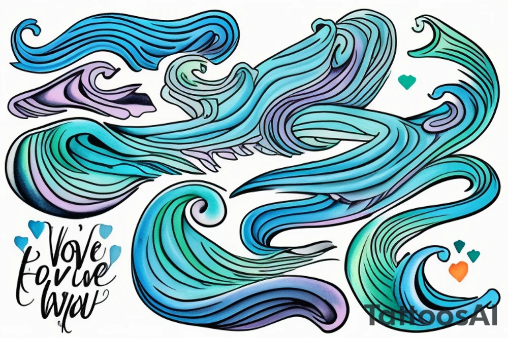 stream of flowing water. Colors: pastel blues and green. Include three words in the tattoo: seen, loved, held. Small tattoo. tattoo idea
