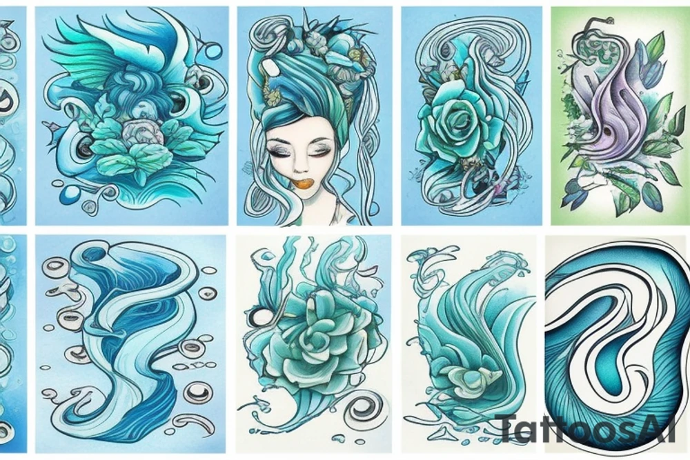 stream of flowing water. Colors: pastel blues and green. Small tattoo. tattoo idea