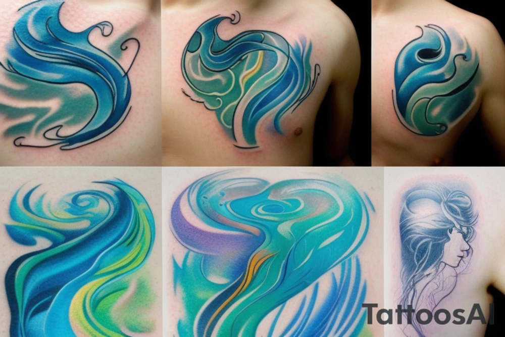 stream of flowing water. Colors: pastel blues and green. Small tattoo. tattoo idea