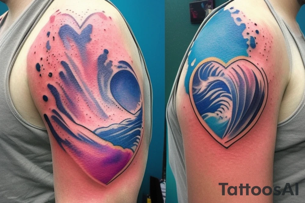watercolor small shoulder tattoo of a wave contained partly in a heart with a small bird. Vivid colors tattoo idea