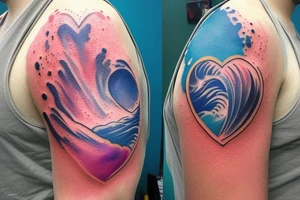 watercolor small shoulder tattoo of a wave contained partly in a heart with a small bird. Vivid colors tattoo idea