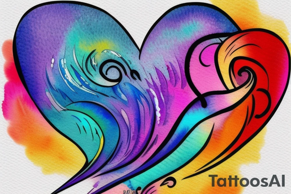 watercolor small shoulder tattoo of a wave contained partly in a heart with a small bird. Vivid colors tattoo idea
