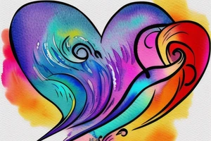 watercolor small shoulder tattoo of a wave contained partly in a heart with a small bird. Vivid colors tattoo idea