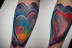 watercolor small shoulder tattoo of a wave contained partly in a heart. Add a small chickadee. Vivid colors. tattoo idea