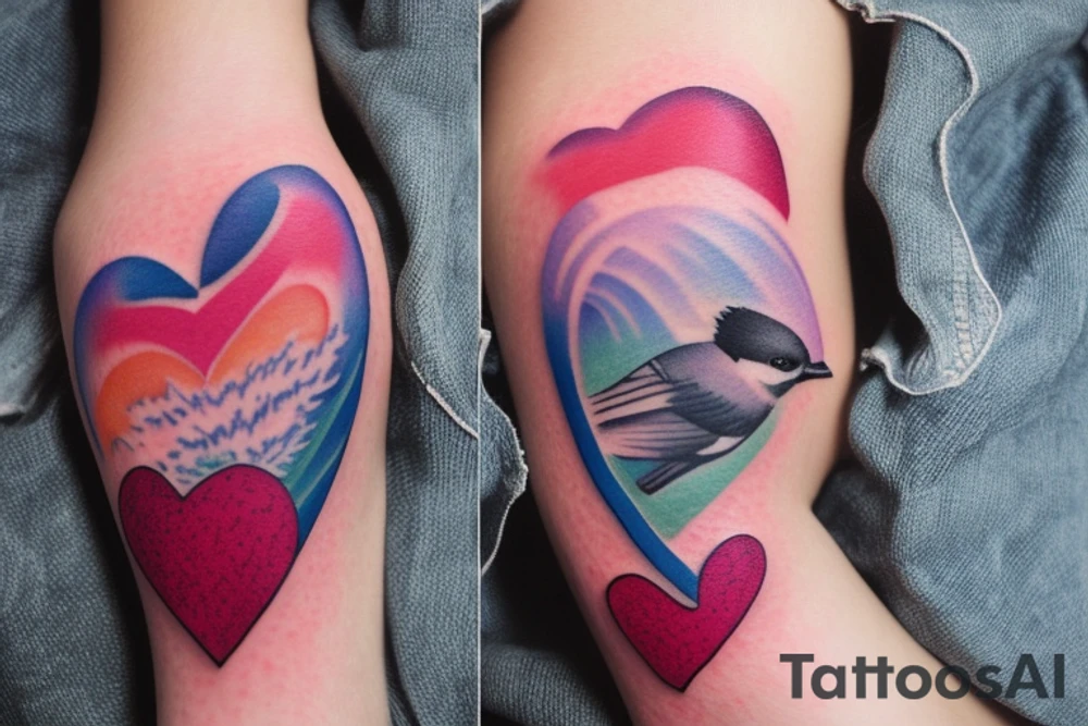 watercolor small shoulder tattoo of a wave contained partly in a heart. Add a small chickadee. Vivid colors. tattoo idea