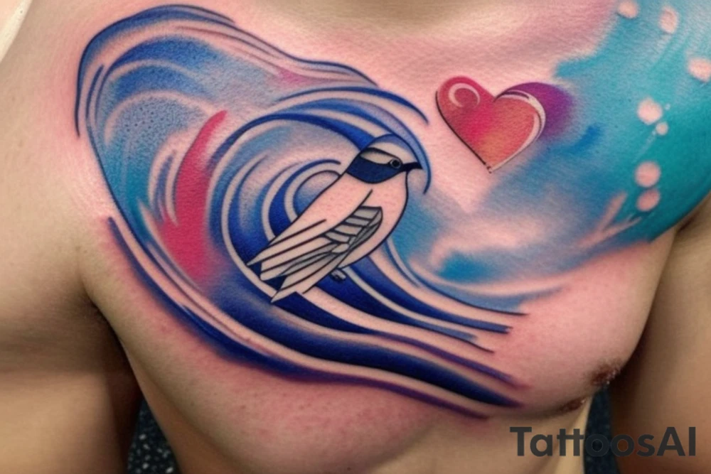 watercolor small shoulder tattoo of a wave contained partly in a heart. Add a small chickadee above the heart. Vivid colors. tattoo idea