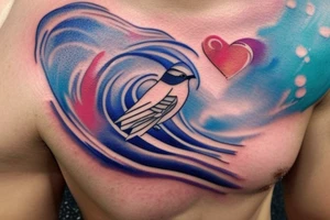 watercolor small shoulder tattoo of a wave contained partly in a heart. Add a small chickadee above the heart. Vivid colors. tattoo idea