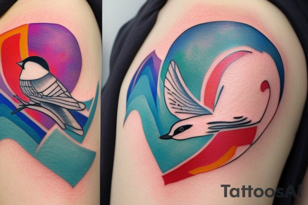 watercolor small shoulder tattoo of a wave contained partly in a heart. Add a small chickadee above the heart. Vivid colors. tattoo idea