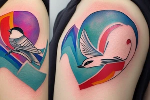 watercolor small shoulder tattoo of a wave contained partly in a heart. Add a small chickadee above the heart. Vivid colors. tattoo idea