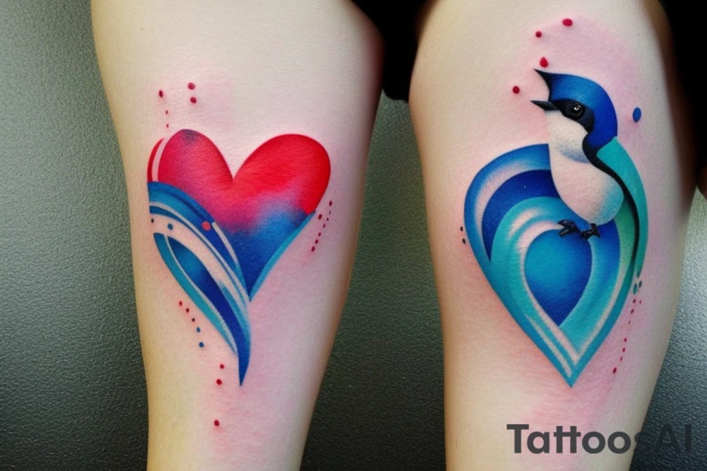 watercolor small shoulder tattoo of a wave contained partly in a heart. Add a small chickadee above the heart. Vivid colors. tattoo idea