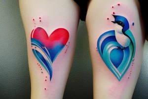 watercolor small shoulder tattoo of a wave contained partly in a heart. Add a small chickadee above the heart. Vivid colors. tattoo idea