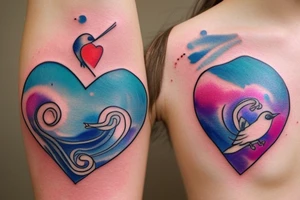 watercolor small shoulder tattoo of a wave contained partly in a heart. Add a small chickadee above the heart. Vivid colors. tattoo idea
