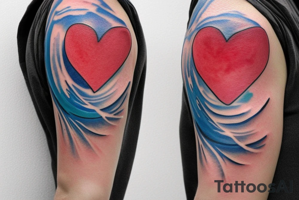 watercolor small shoulder tattoo of a wave contained partly in a heart. Add a small chickadee above the heart. Vivid colors. tattoo idea