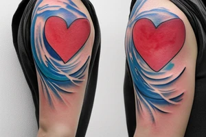 watercolor small shoulder tattoo of a wave contained partly in a heart. Add a small chickadee above the heart. Vivid colors. tattoo idea