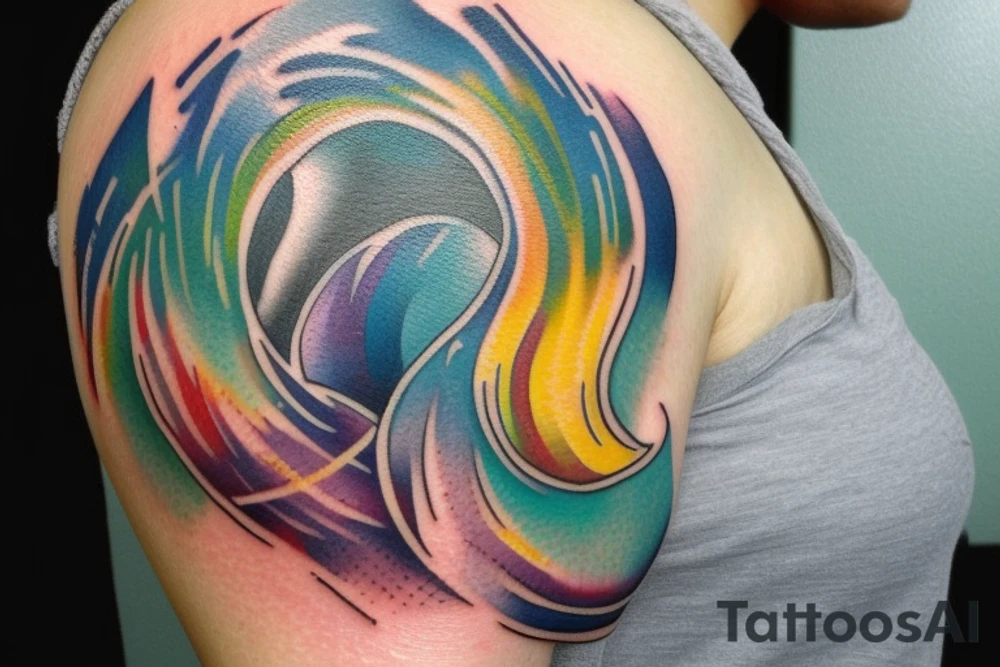 watercolor small shoulder tattoo. wave contained partly in a heart. Tiny bird outlined above the heart. Vivid colors. tattoo idea