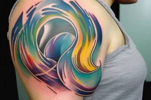 watercolor small shoulder tattoo. wave contained partly in a heart. Tiny bird outlined above the heart. Vivid colors. tattoo idea