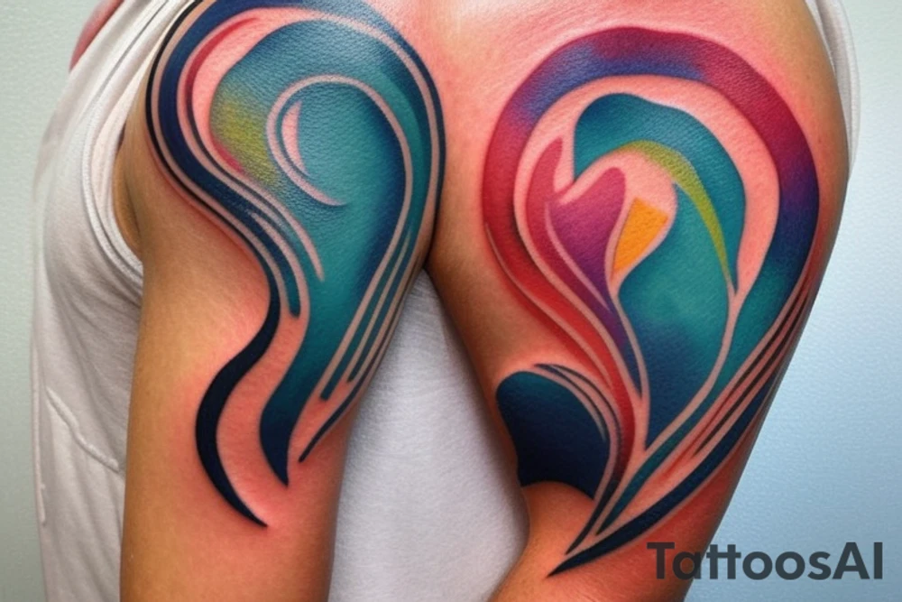 small shoulder tattoo. wave contained partly in a heart. Tiny bird outlined above the heart. Vivid colors. tattoo idea