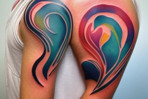 small shoulder tattoo. wave contained partly in a heart. Tiny bird outlined above the heart. Vivid colors. tattoo idea