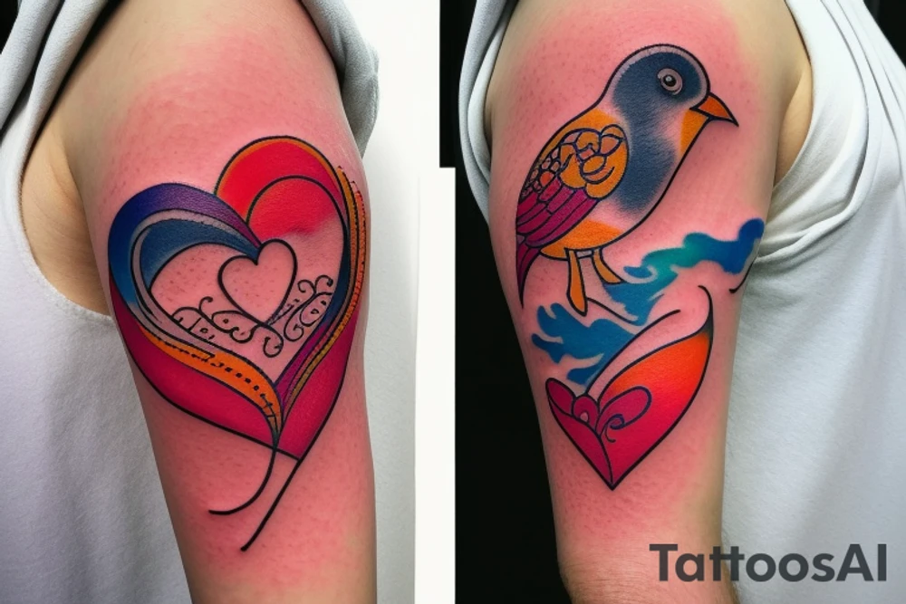 small shoulder tattoo. wave contained partly in a heart. Tiny bird outlined above the heart. Vivid colors. tattoo idea