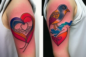 small shoulder tattoo. wave contained partly in a heart. Tiny bird outlined above the heart. Vivid colors. tattoo idea