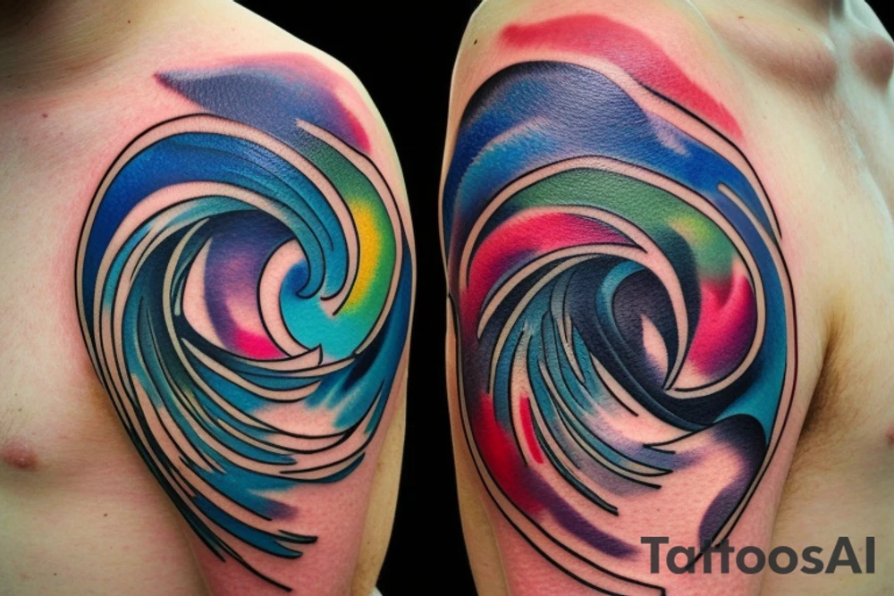 small shoulder tattoo. wave contained partly in a heart. Tiny bird outlined above the heart. Vivid colors. tattoo idea
