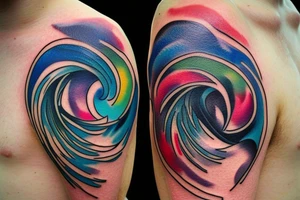 small shoulder tattoo. wave contained partly in a heart. Tiny bird outlined above the heart. Vivid colors. tattoo idea