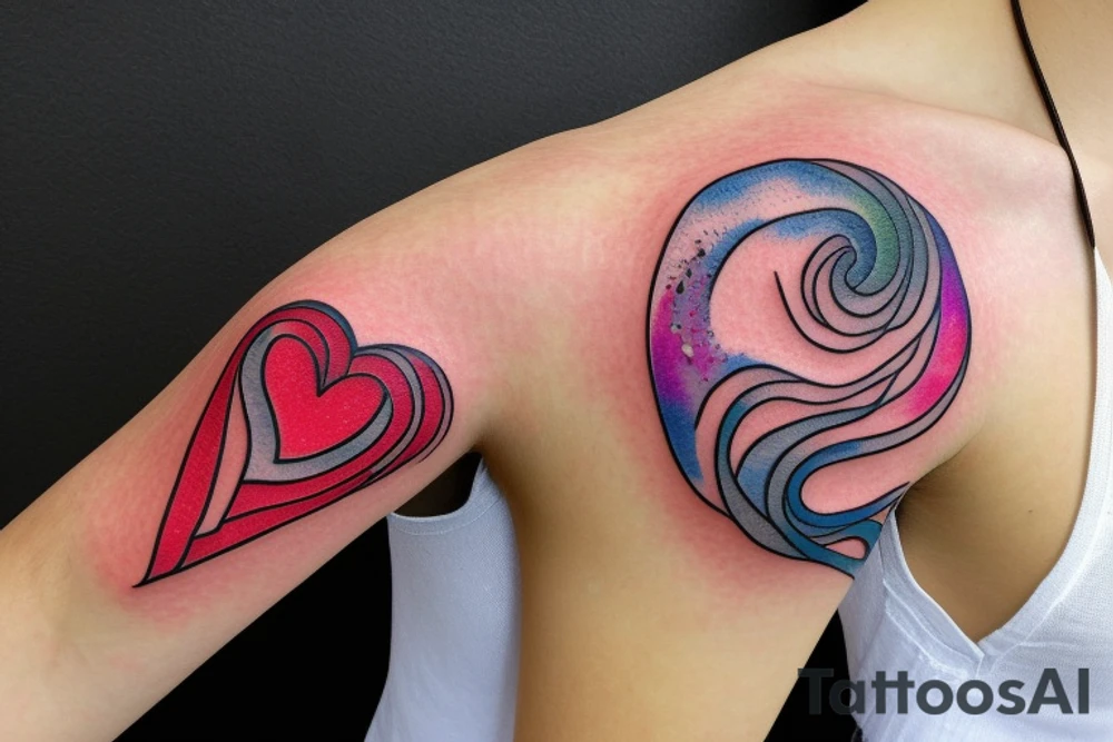 small shoulder tattoo. wave contained partly in a heart. VERY small bird. Vivid colors. tattoo idea