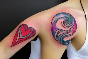 small shoulder tattoo. wave contained partly in a heart. VERY small bird. Vivid colors. tattoo idea