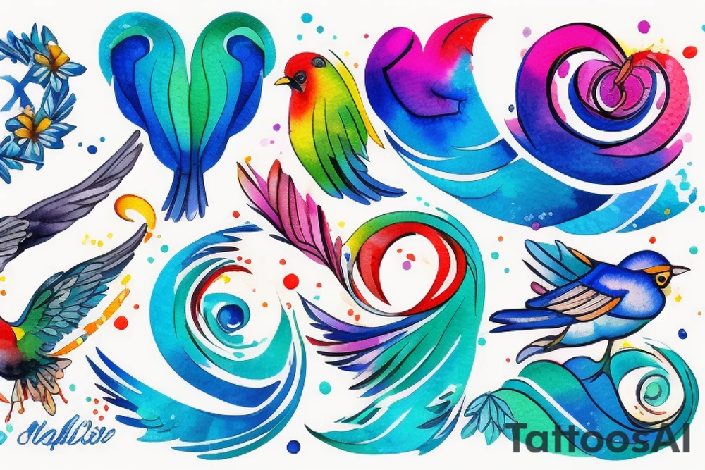 small shoulder tattoo. wave contained partly in a heart. VERY small bird. Vivid colors. tattoo idea