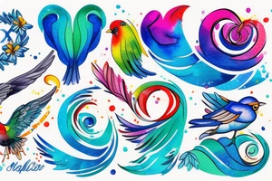 small shoulder tattoo. wave contained partly in a heart. VERY small bird. Vivid colors. tattoo idea