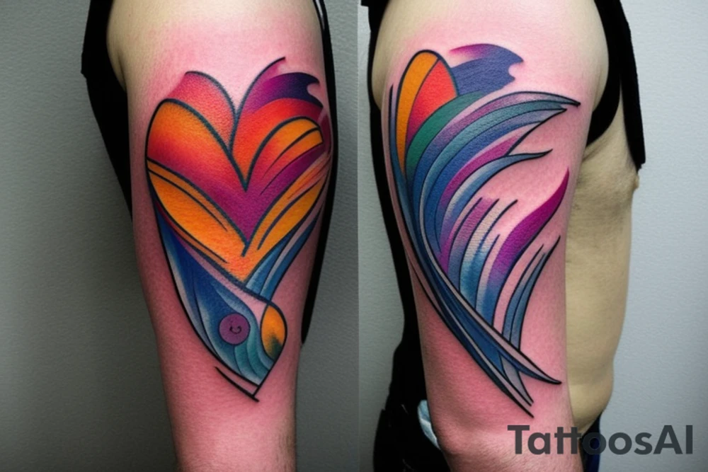 small shoulder tattoo. wave contained partly in a heart. VERY small bird. Vivid colors. tattoo idea