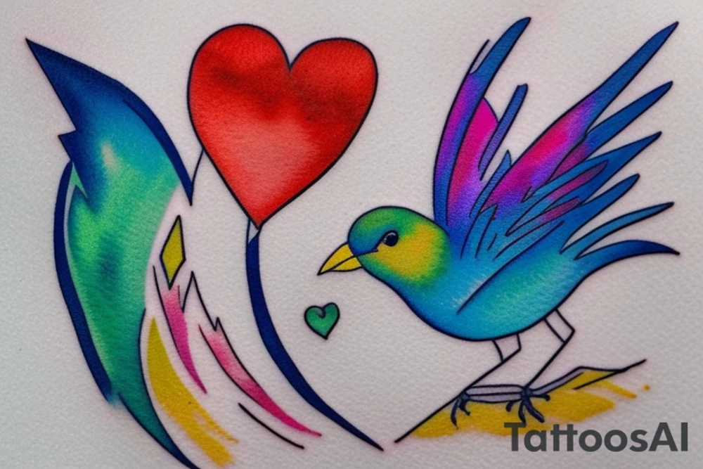 small shoulder tattoo. wave contained partly in a heart. VERY small bird. Vivid colors. tattoo idea