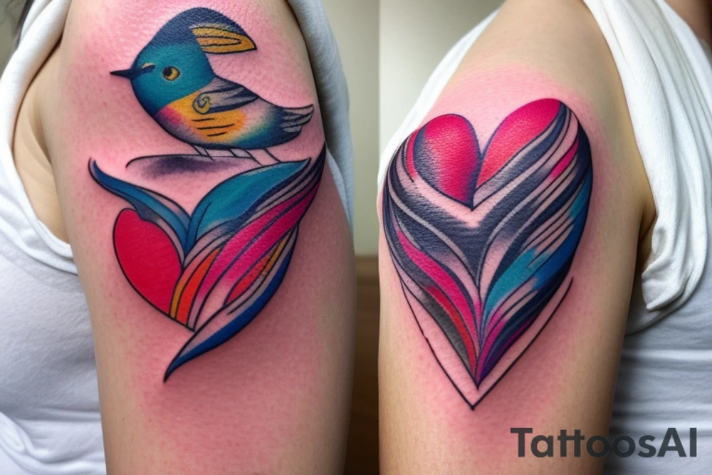 small shoulder tattoo. wave contained partly in a heart. VERY small bird. Vivid colors. tattoo idea