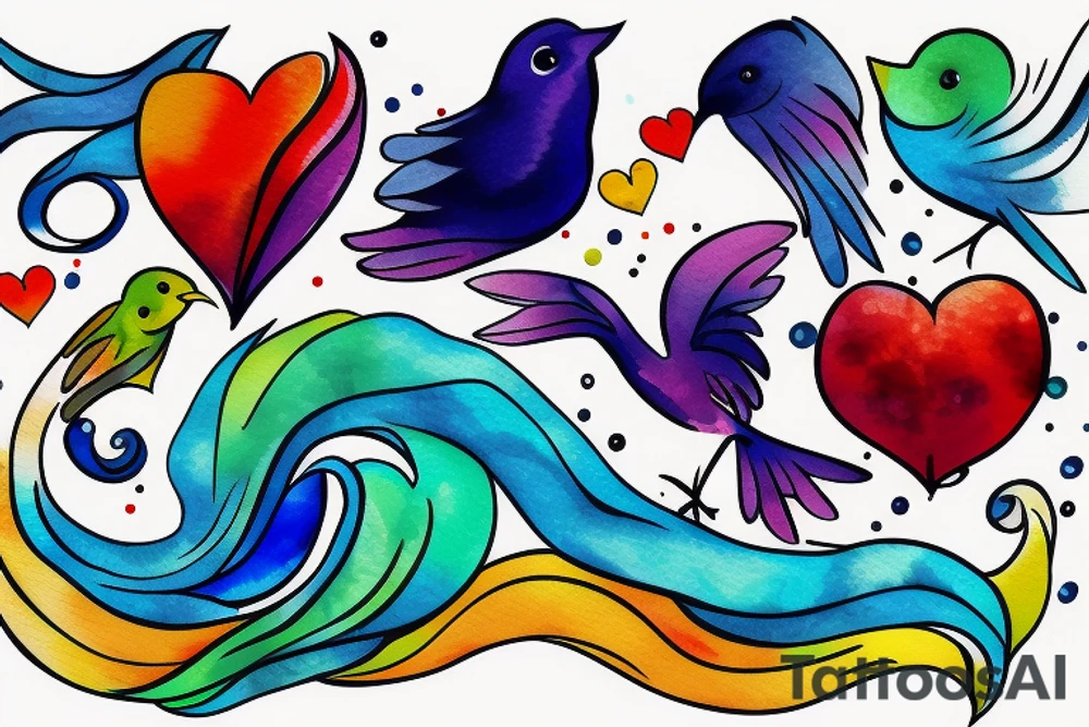 small shoulder tattoo. wave contained partly in a heart. VERY small bird. Vivid colors. tattoo idea