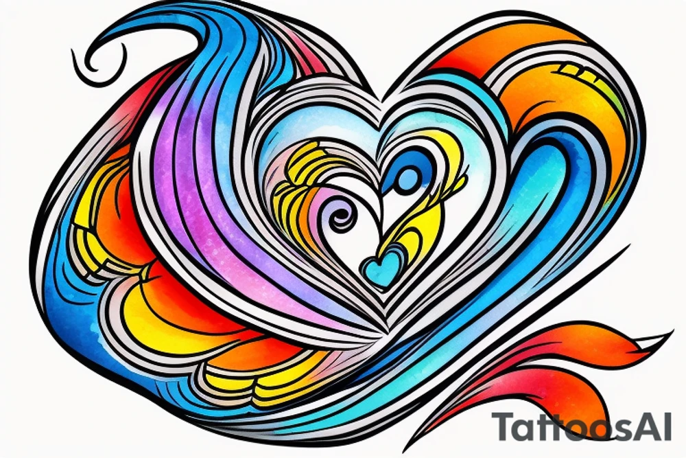 small shoulder tattoo. wave contained partly in a heart. VERY small bird. Vivid colors. tattoo idea