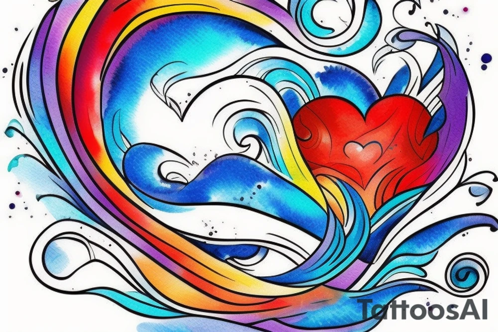 small shoulder tattoo. wave contained partly in a heart. VERY small bird. Vivid colors. tattoo idea