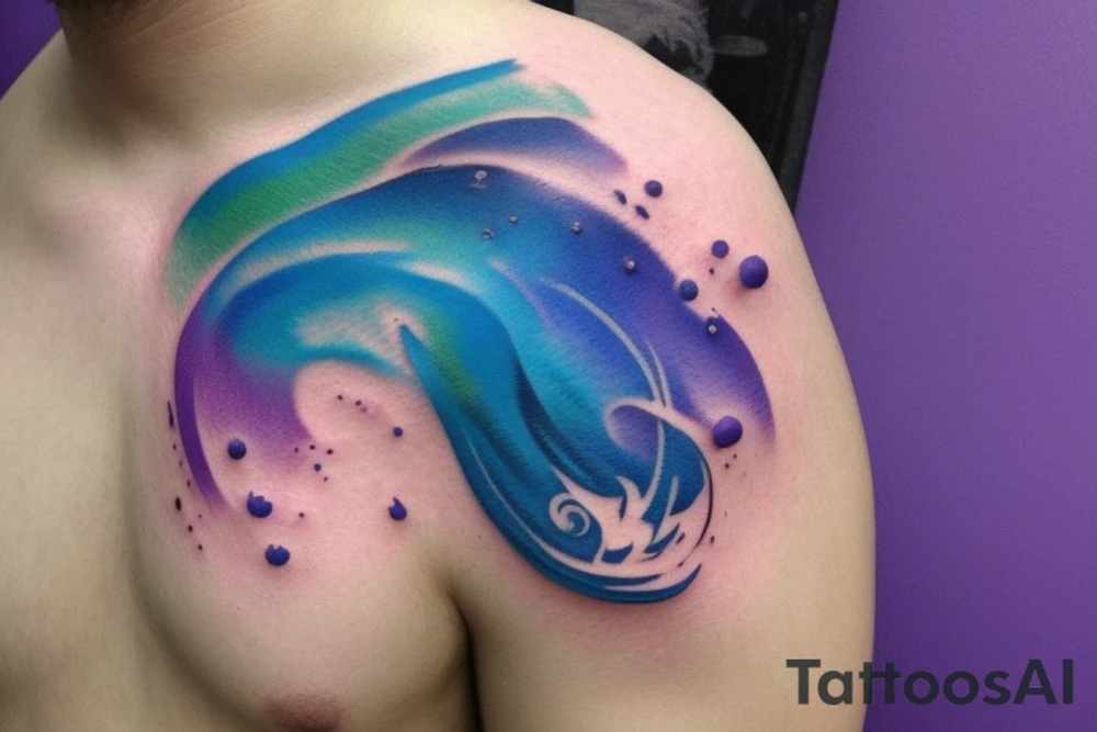 VERY small shoulder tattoo. wave contained partly in a heart. Blues, green and purple colors and blending tattoo idea