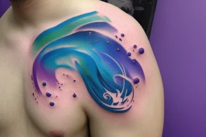 VERY small shoulder tattoo. wave contained partly in a heart. Blues, green and purple colors and blending tattoo idea